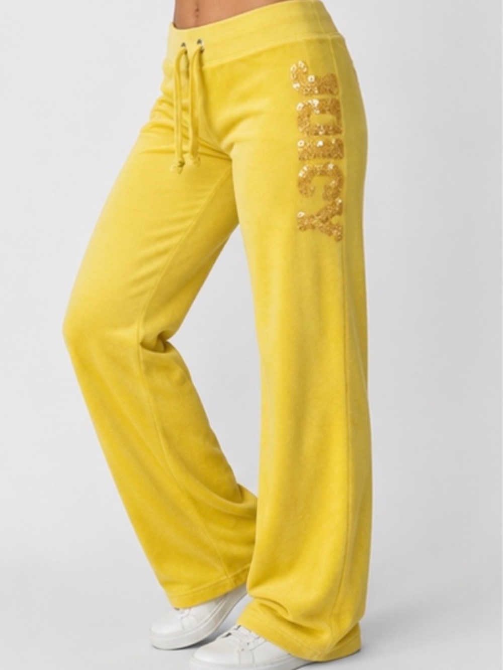 Juicy Couture Yellow Velour Wide Leg Pants Womens Medium Sequin Logo Y2K Track